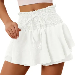 Summer Skirts for Women Trendy High Elastic Waist Tummy Control Double Ruffle Hem A-Line Pleated Mini Skirts for Girls