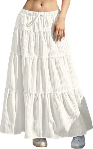 Summer Skirts for Women Y2K Cute A Line Tiered Ruffle Skirt Boho Drawstring Elastic Waist A-Line Maxi Skirt