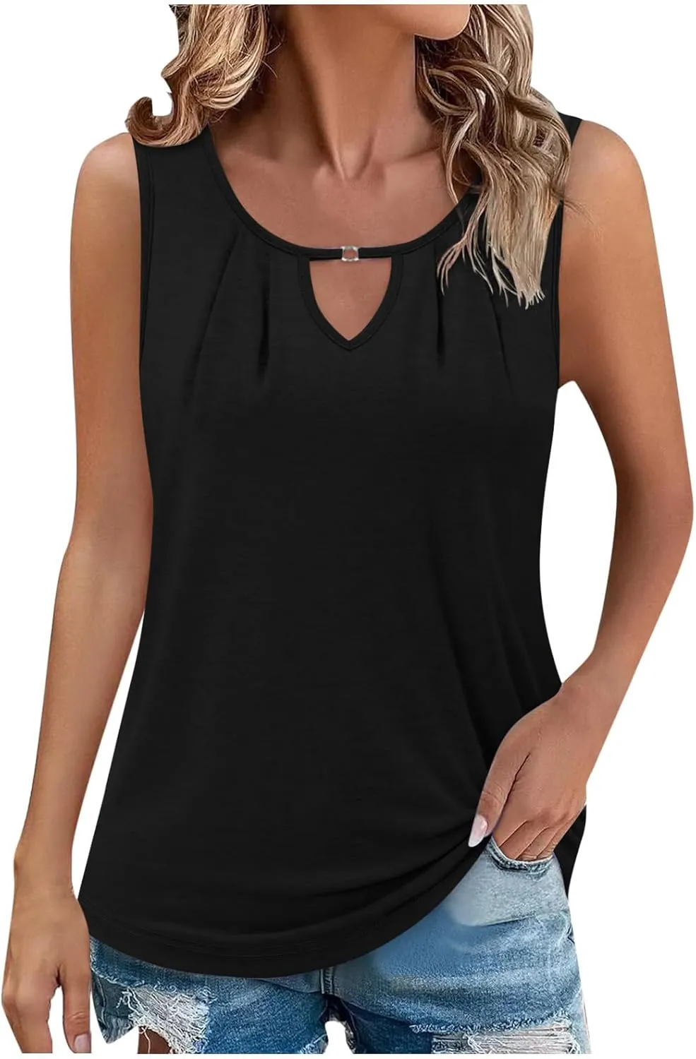 Summer Tank Tops for Women 2025 Vacation Trendy Solid V Neck Pleated Casual Sleeveless Shirt Fashion Summer Tank Top