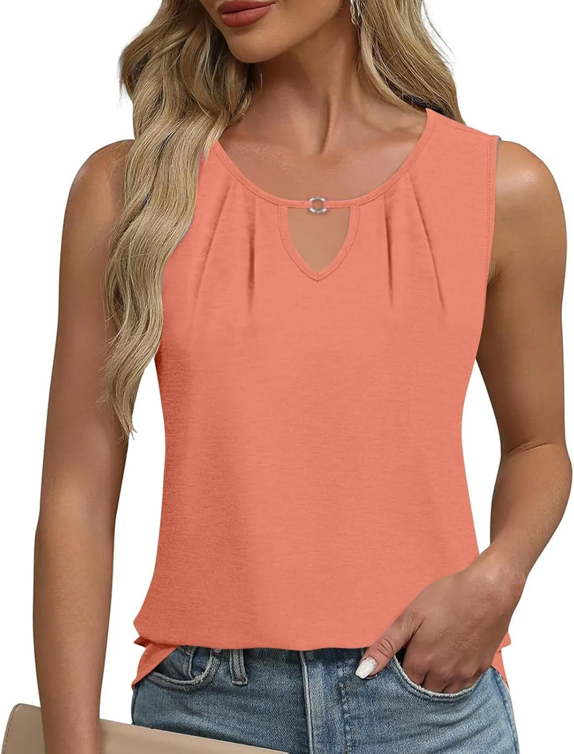 Summer Tank Tops for Women 2025 Vacation Trendy Solid V Neck Pleated Casual Sleeveless Shirt Fashion Summer Tank Top