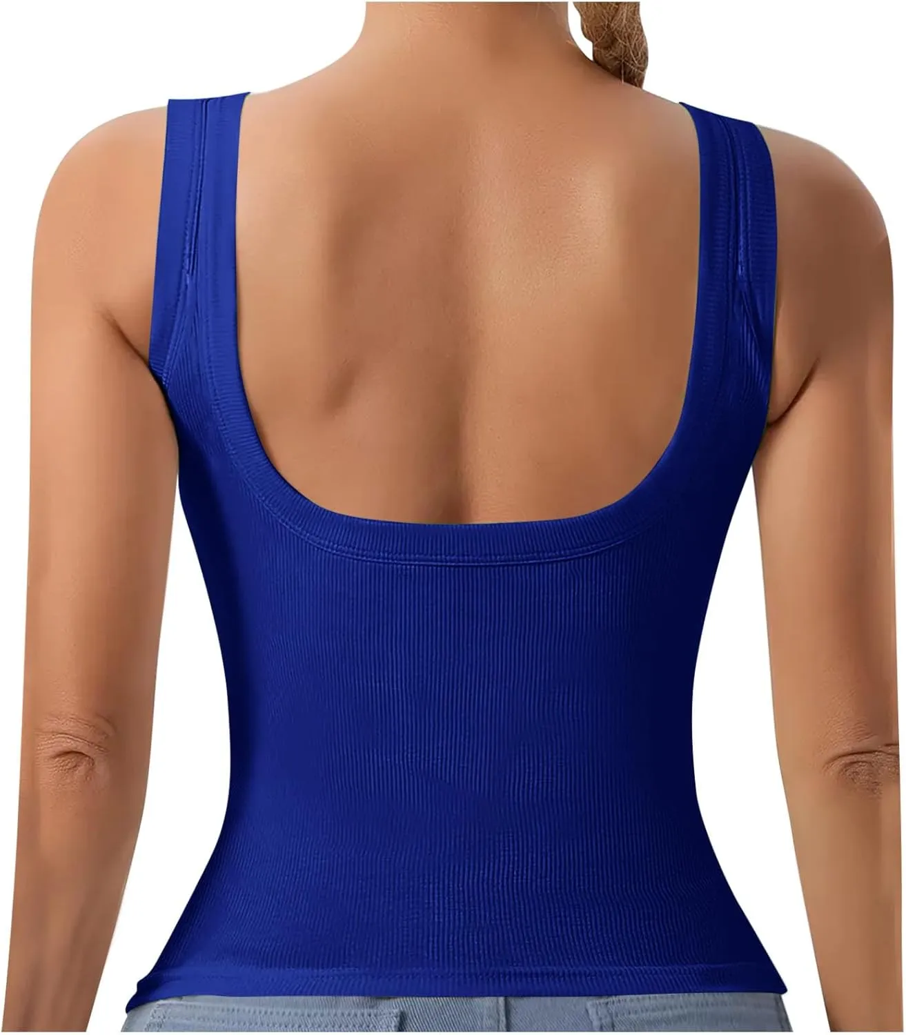 Summer Tank Tops for Women Built in Bra Trendy Sleeveless U Neck Padded Shirts Solid Sexy Knitted Vacation Camisole