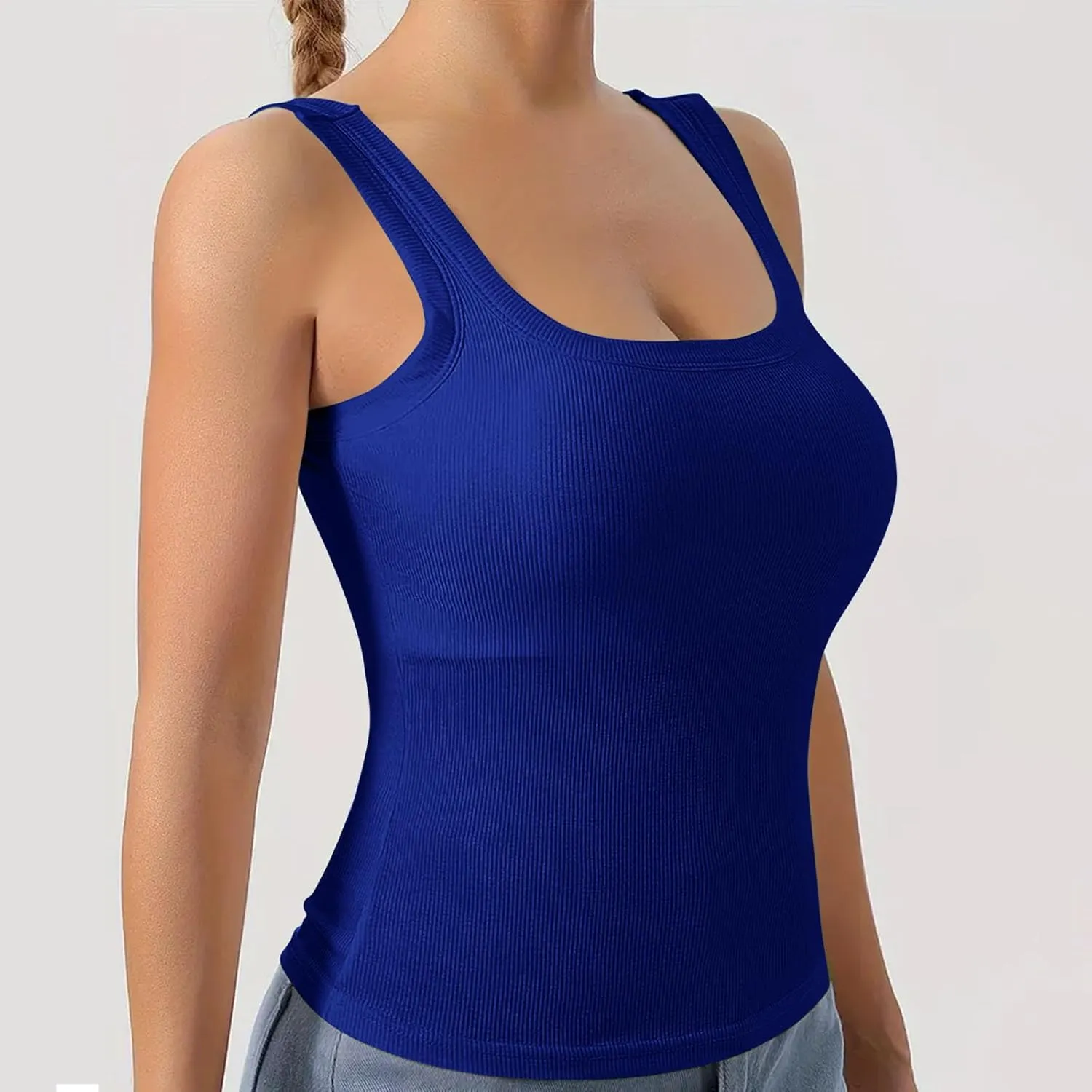 Summer Tank Tops for Women Built in Bra Trendy Sleeveless U Neck Padded Shirts Solid Sexy Knitted Vacation Camisole