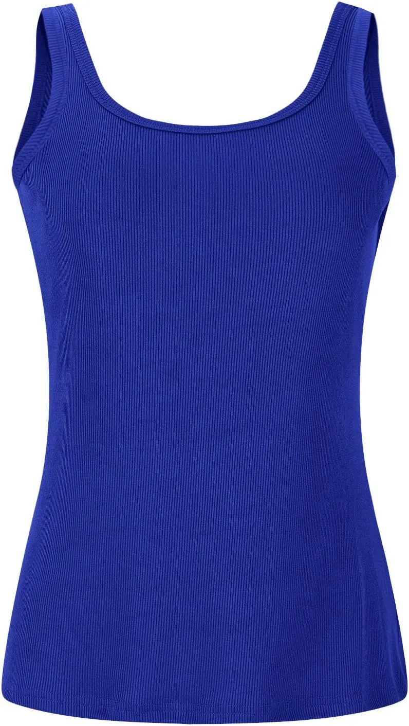 Summer Tank Tops for Women Built in Bra Trendy Sleeveless U Neck Padded Shirts Solid Sexy Knitted Vacation Camisole