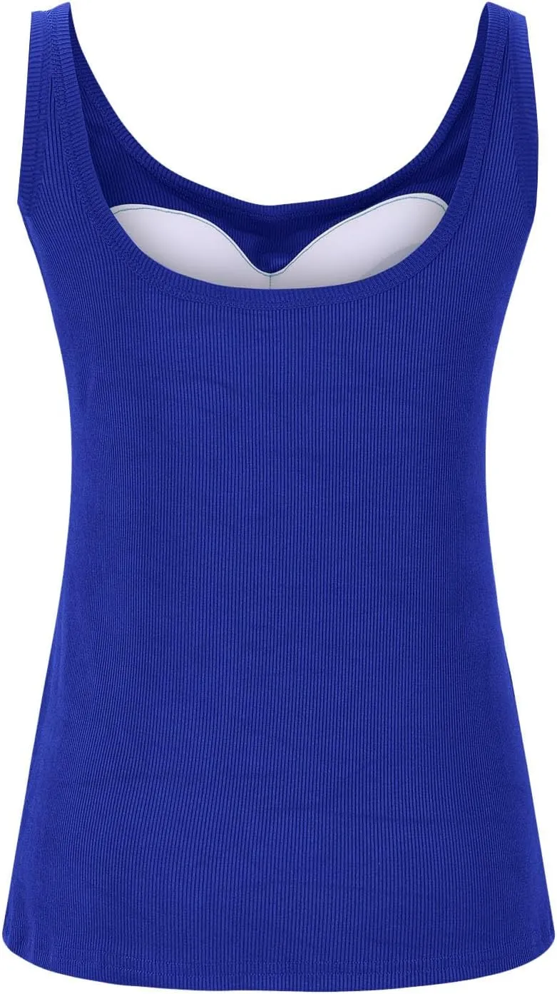 Summer Tank Tops for Women Built in Bra Trendy Sleeveless U Neck Padded Shirts Solid Sexy Knitted Vacation Camisole