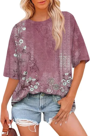 Summer Tops for Women Short Sleeve Crewneck Oversized T Shirts Trendy Solid/Flower Printed Beach Vacation Clothes