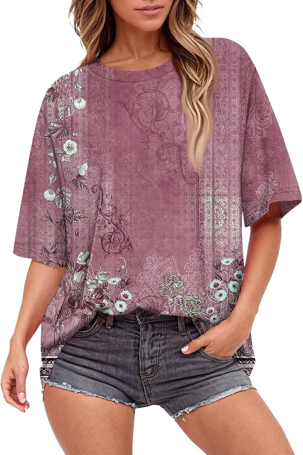 Summer Tops for Women Short Sleeve Crewneck Oversized T Shirts Trendy Solid/Flower Printed Beach Vacation Clothes