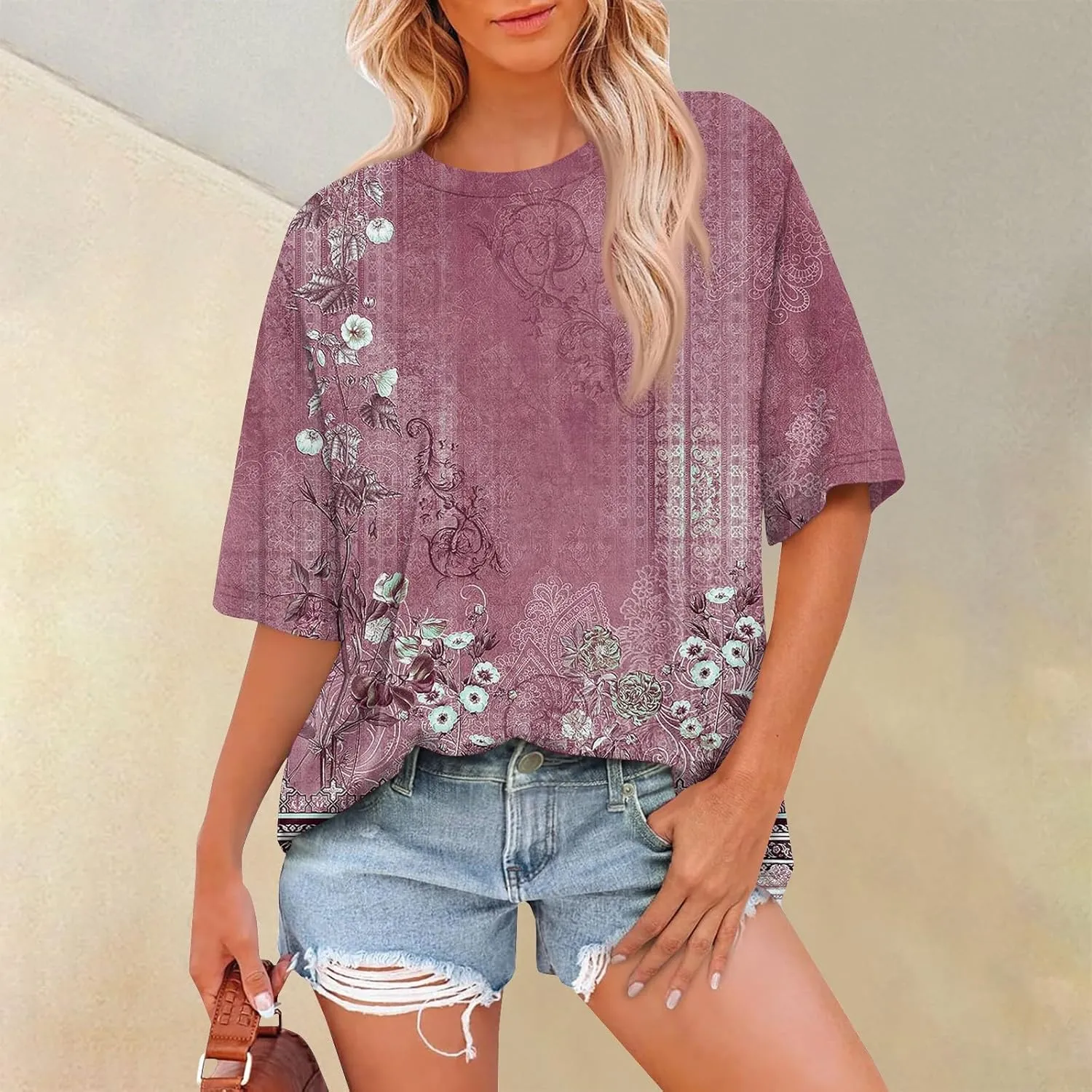 Summer Tops for Women Short Sleeve Crewneck Oversized T Shirts Trendy Solid/Flower Printed Beach Vacation Clothes