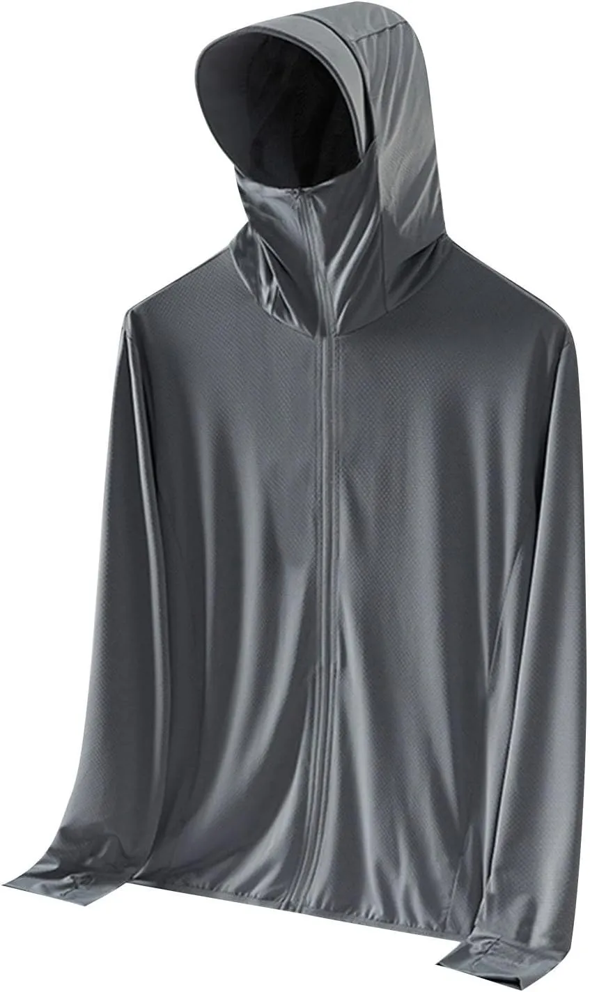 Sun Shirts for Men Hooded UPF 50  Long Sleeve Fishing Shirt with Mask UV Neck Gaiter Full Zip up Hoodie with Pockets