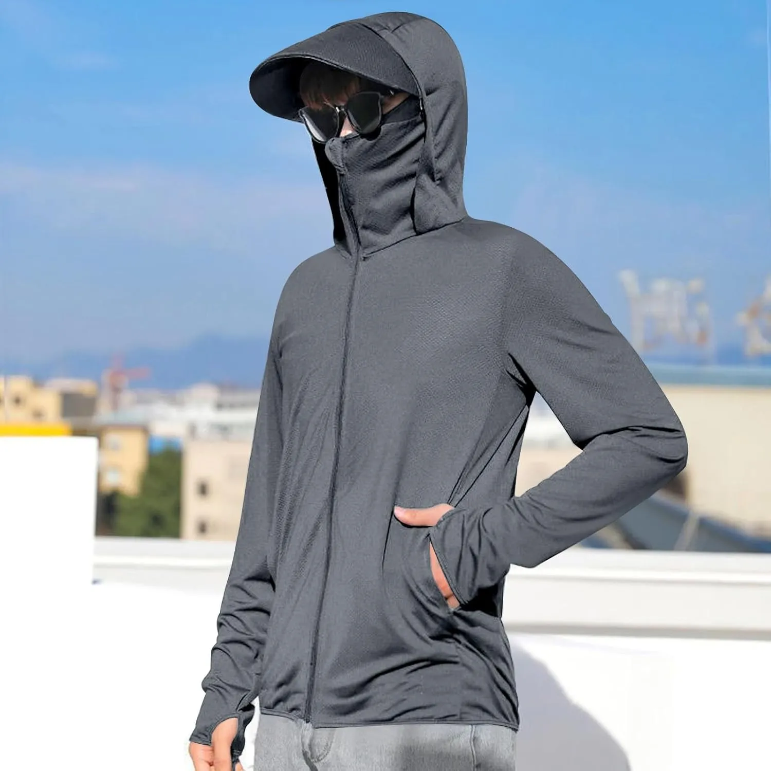 Sun Shirts for Men Hooded UPF 50  Long Sleeve Fishing Shirt with Mask UV Neck Gaiter Full Zip up Hoodie with Pockets
