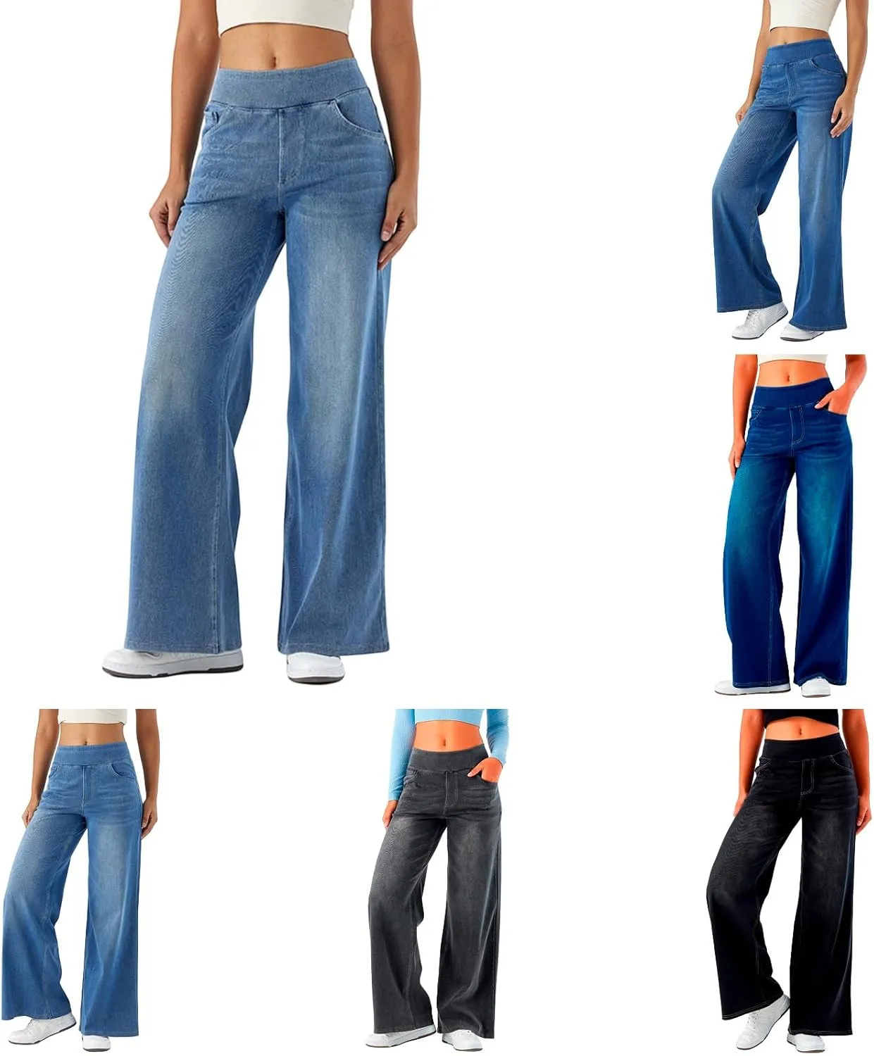 Sweatpants That Look Like Jeans,Women Sweatpant Jeans,High Waisted Wide Leg Stretchy Pull On Denim Pants with Pockets(#Z01-Light Blue,Small)