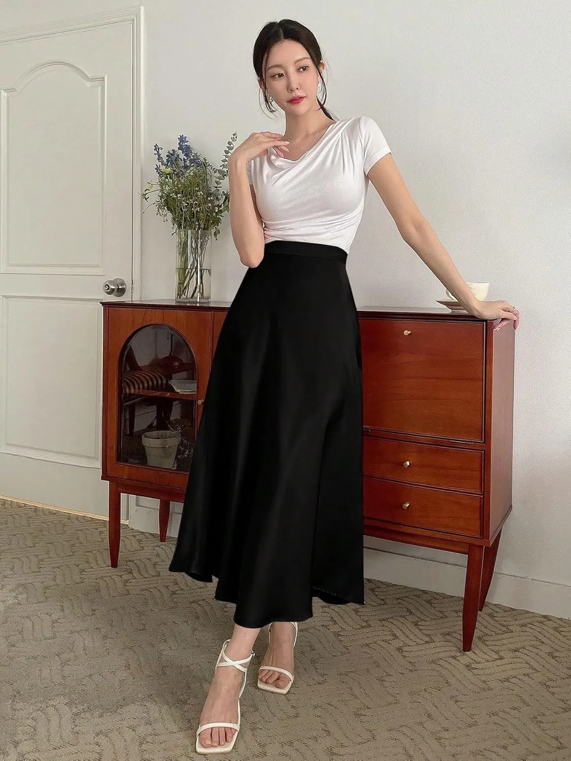 SweatyRocks Women's Satin High Waisted A Line Maxi Skirt Elegant Solid Flowy Party Long Skirts
