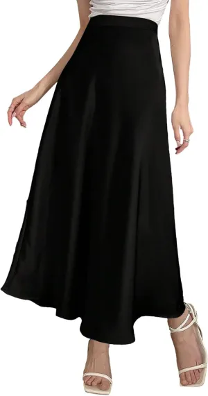 SweatyRocks Women's Satin High Waisted A Line Maxi Skirt Elegant Solid Flowy Party Long Skirts