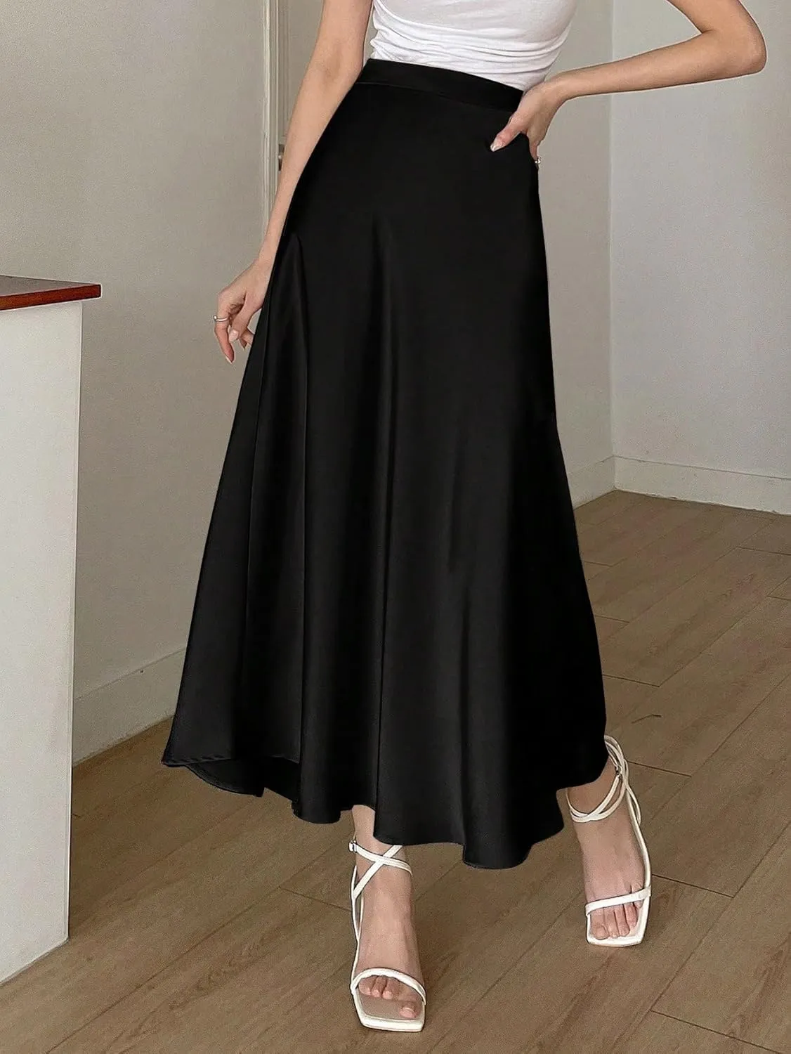 SweatyRocks Women's Satin High Waisted A Line Maxi Skirt Elegant Solid Flowy Party Long Skirts