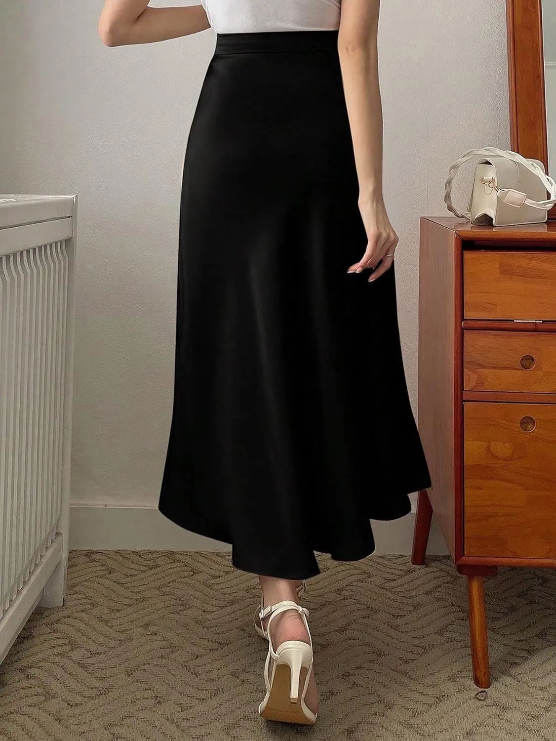 SweatyRocks Women's Satin High Waisted A Line Maxi Skirt Elegant Solid Flowy Party Long Skirts