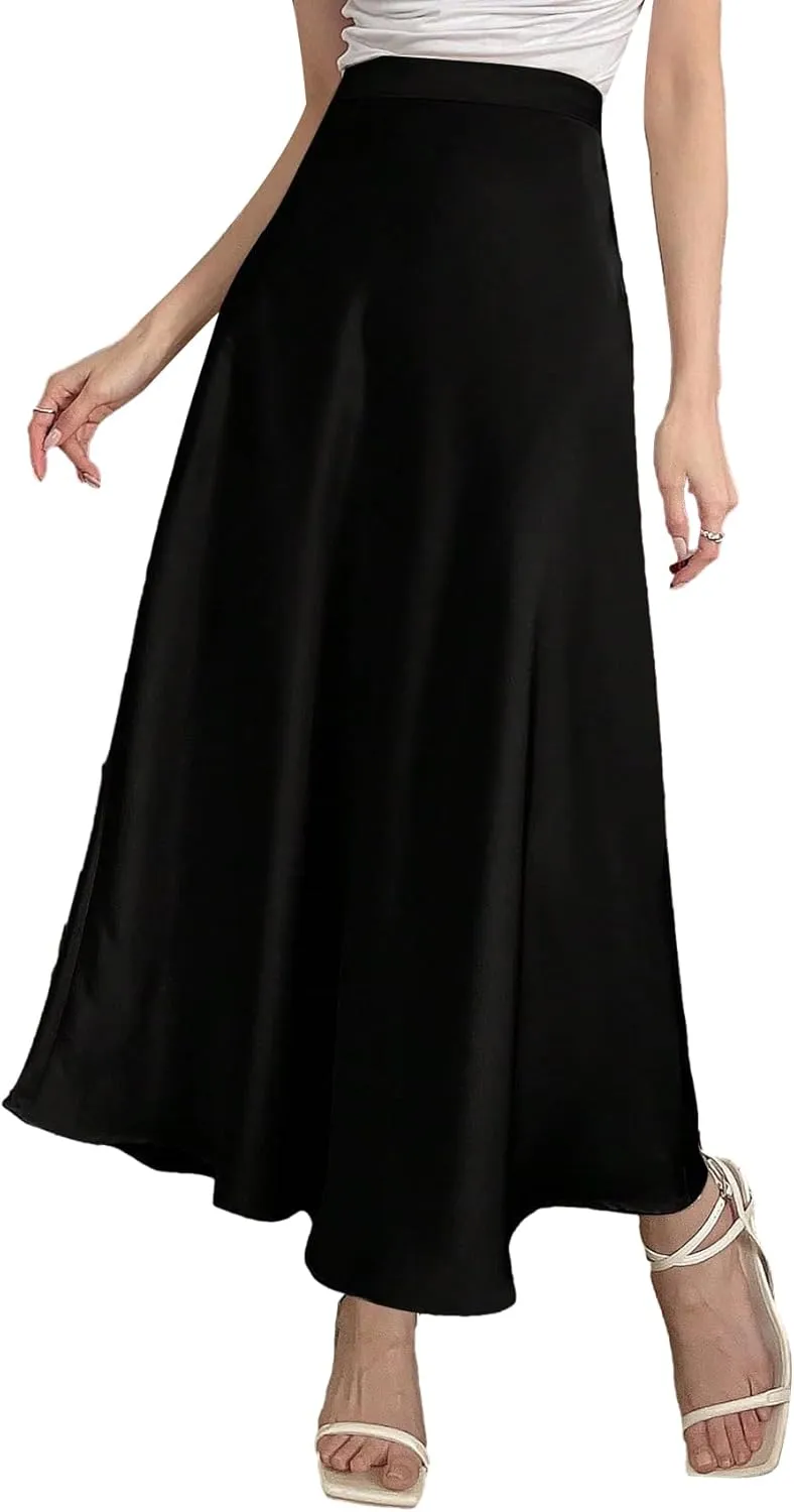 SweatyRocks Women's Satin High Waisted A Line Maxi Skirt Elegant Solid Flowy Party Long Skirts