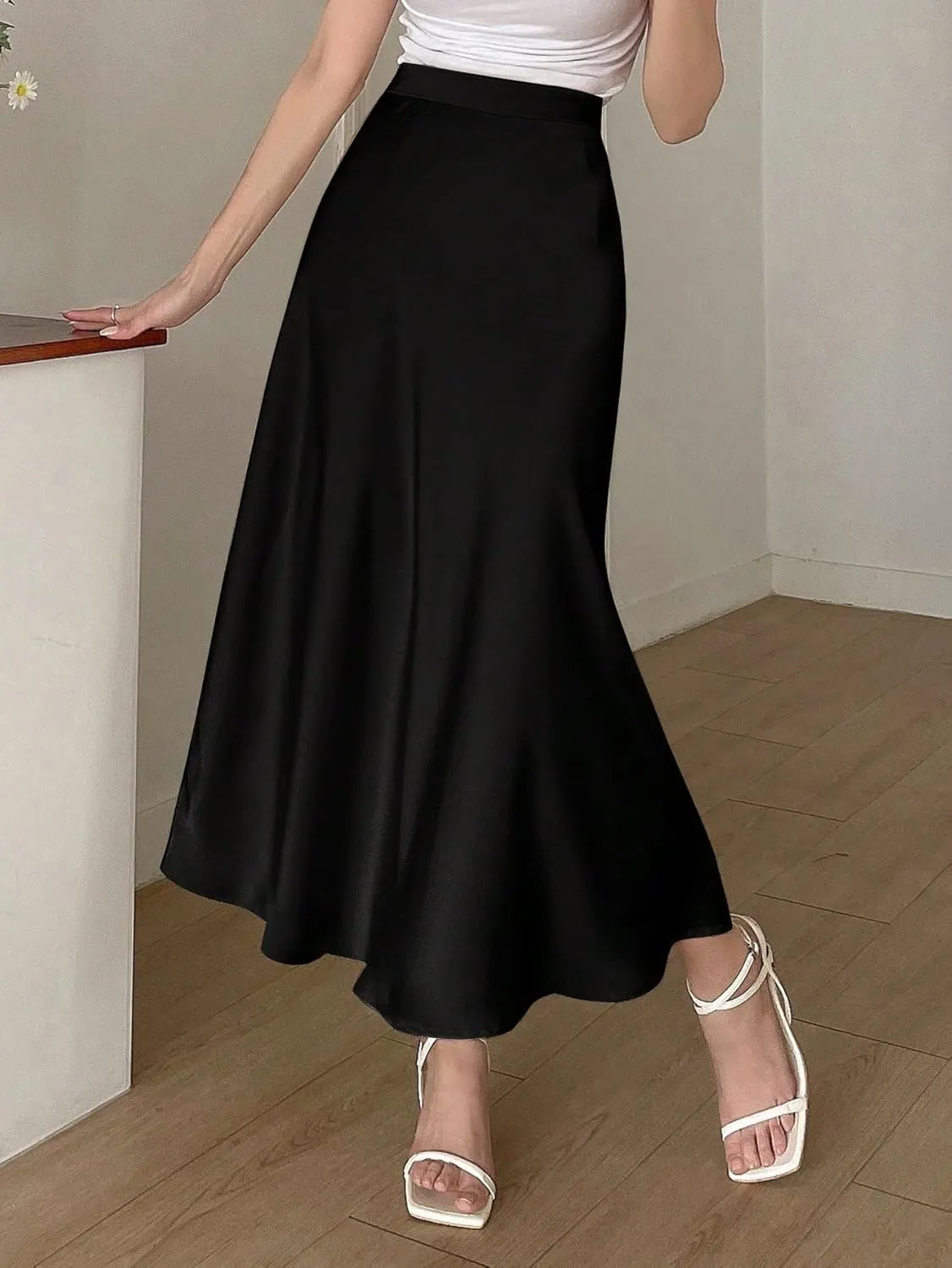 SweatyRocks Women's Satin High Waisted A Line Maxi Skirt Elegant Solid Flowy Party Long Skirts