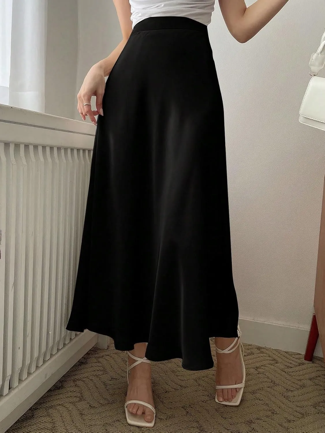 SweatyRocks Women's Satin High Waisted A Line Maxi Skirt Elegant Solid Flowy Party Long Skirts