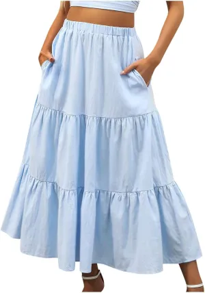 Tiered Maxi Skirt for Women High Waist Flowy Long Skirts with Pockets Casual Boho Summer Style