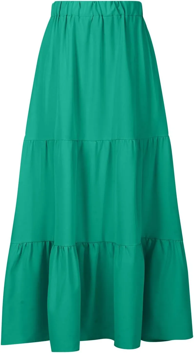 Tiered Maxi Skirt for Women High Waist Flowy Long Skirts with Pockets Casual Boho Summer Style