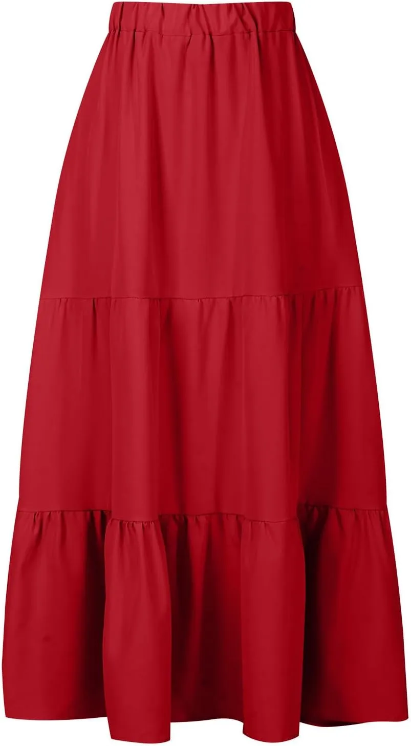 Tiered Maxi Skirt for Women High Waist Flowy Long Skirts with Pockets Casual Boho Summer Style