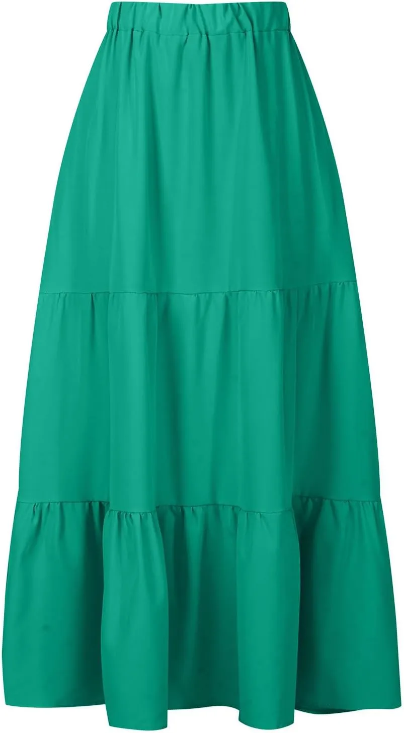 Tiered Maxi Skirt for Women High Waist Flowy Long Skirts with Pockets Casual Boho Summer Style
