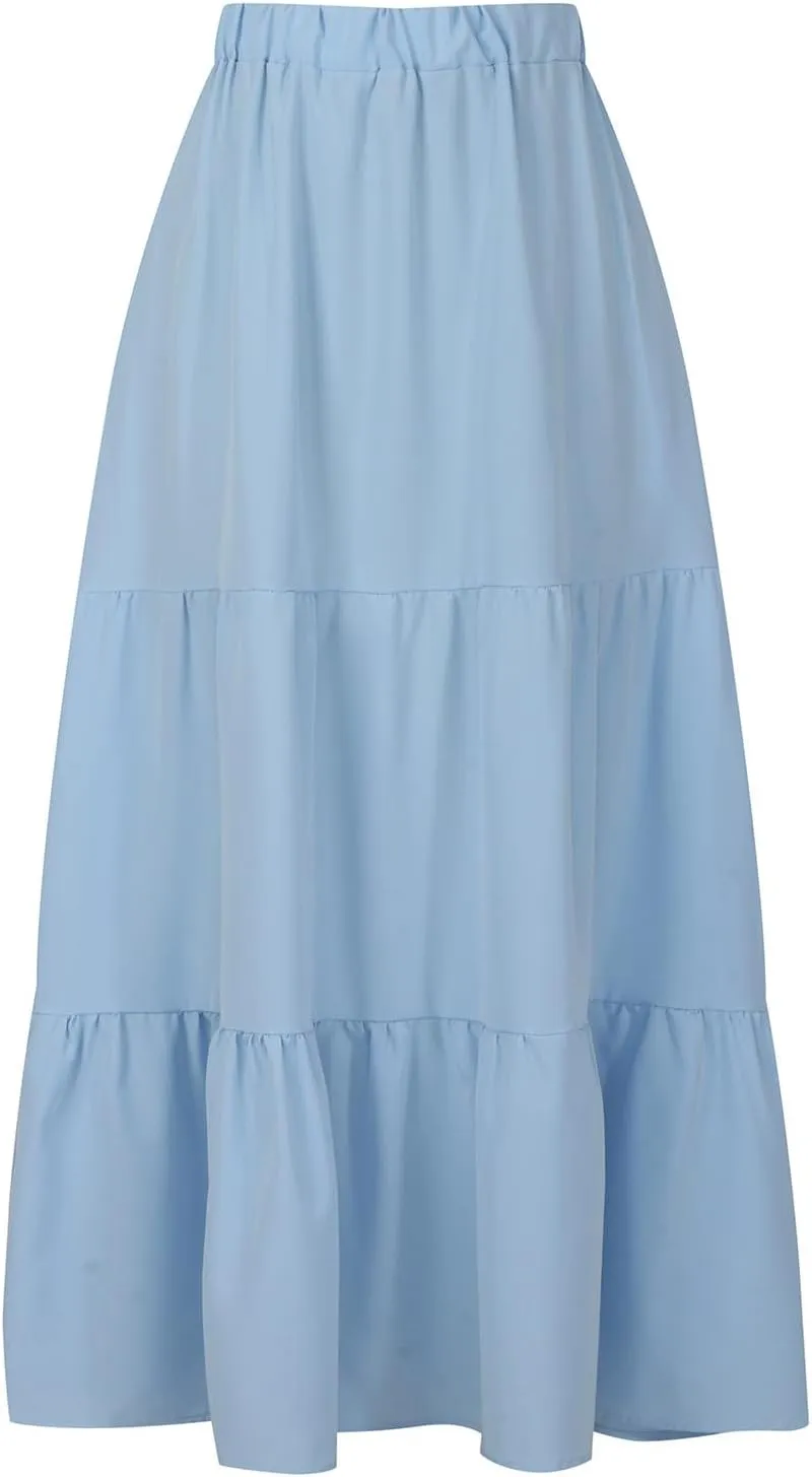 Tiered Maxi Skirt for Women High Waist Flowy Long Skirts with Pockets Casual Boho Summer Style