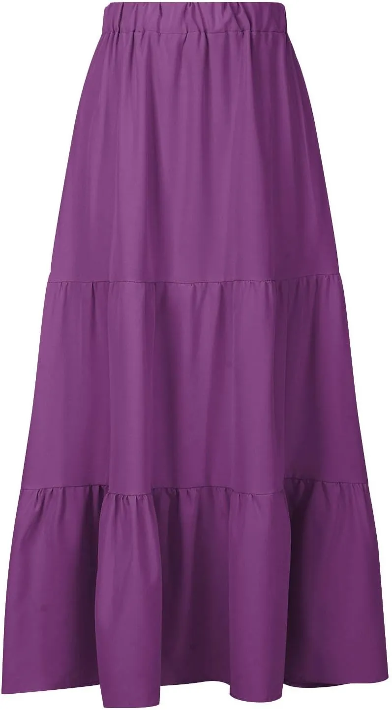 Tiered Maxi Skirt for Women High Waist Flowy Long Skirts with Pockets Casual Boho Summer Style