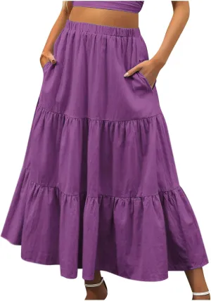 Tiered Maxi Skirt for Women High Waist Flowy Long Skirts with Pockets Casual Boho Summer Style