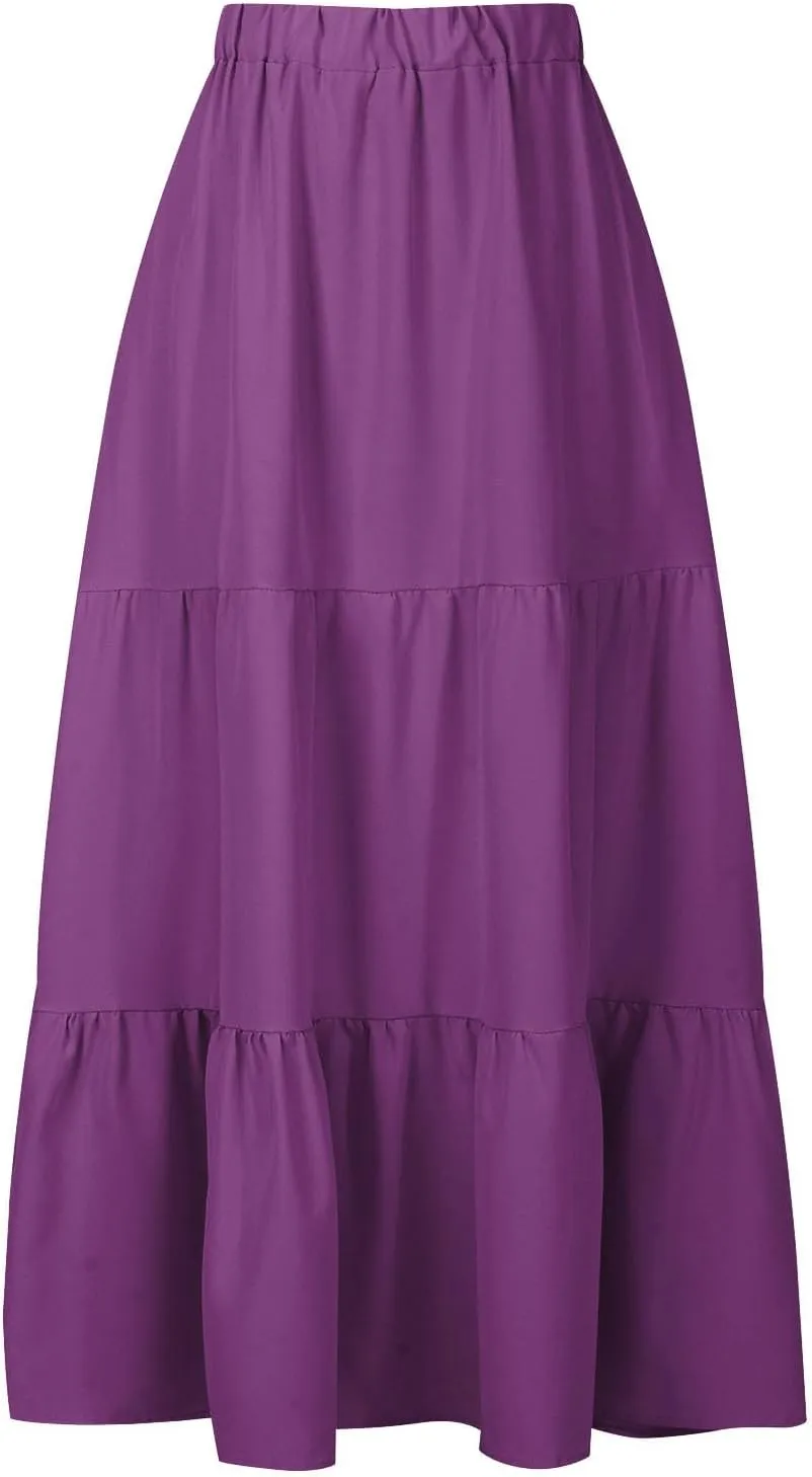 Tiered Maxi Skirt for Women High Waist Flowy Long Skirts with Pockets Casual Boho Summer Style