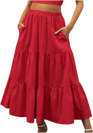 Tiered Maxi Skirt for Women High Waist Flowy Long Skirts with Pockets Casual Boho Summer Style