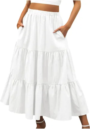 Tiered Maxi Skirt for Women High Waist Flowy Long Skirts with Pockets Casual Boho Summer Style