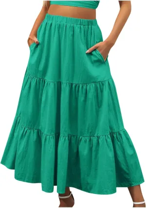 Tiered Maxi Skirt for Women High Waist Flowy Long Skirts with Pockets Casual Boho Summer Style