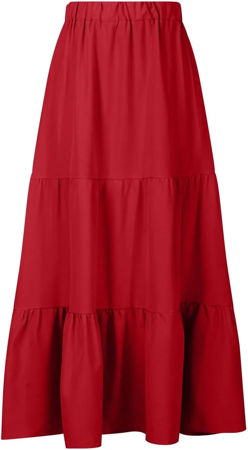 Tiered Maxi Skirt for Women High Waist Flowy Long Skirts with Pockets Casual Boho Summer Style