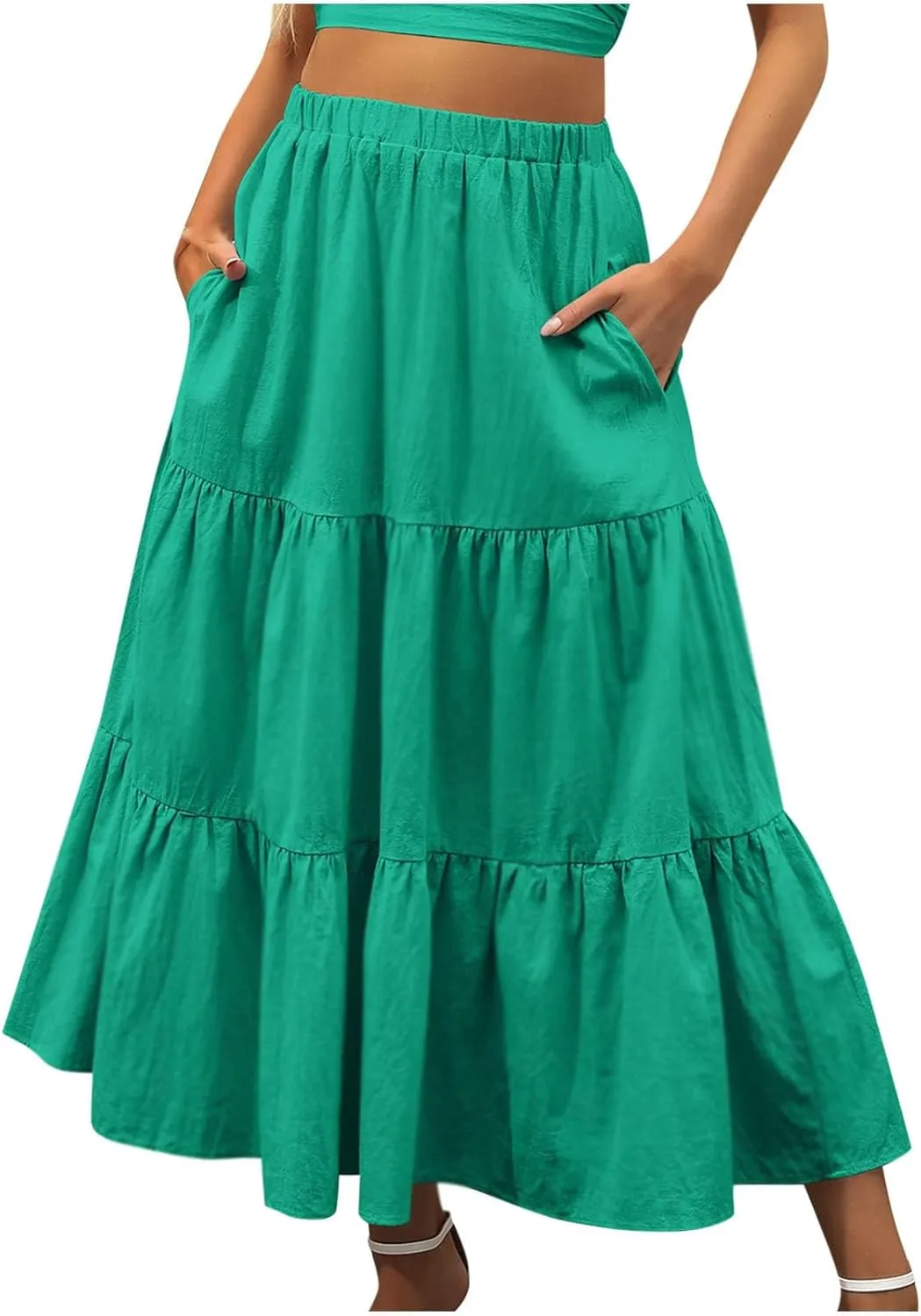 Tiered Maxi Skirt for Women High Waist Flowy Long Skirts with Pockets Casual Boho Summer Style