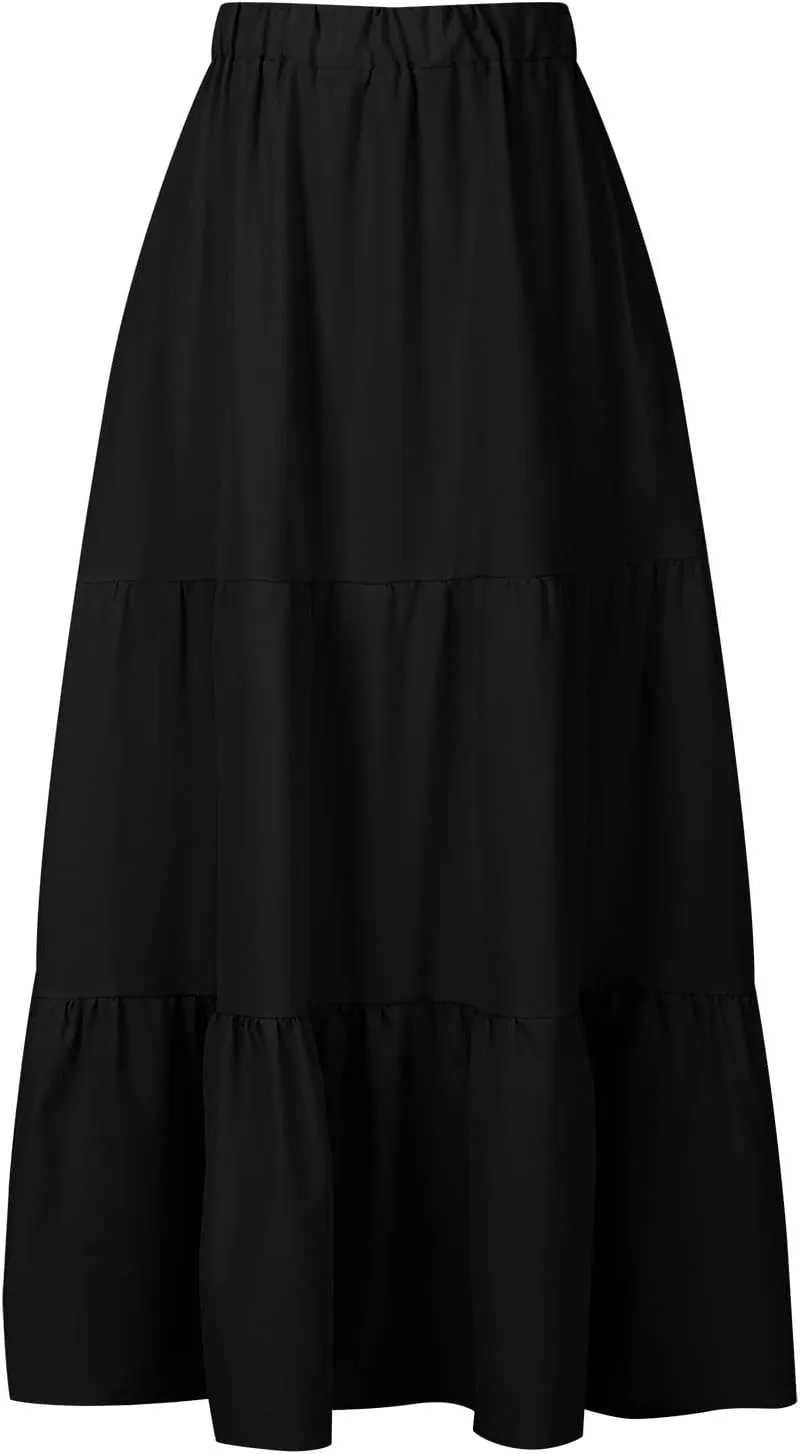 Tiered Maxi Skirt for Women High Waist Flowy Long Skirts with Pockets Casual Boho Summer Style