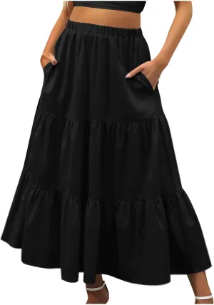 Tiered Maxi Skirt for Women High Waist Flowy Long Skirts with Pockets Casual Boho Summer Style