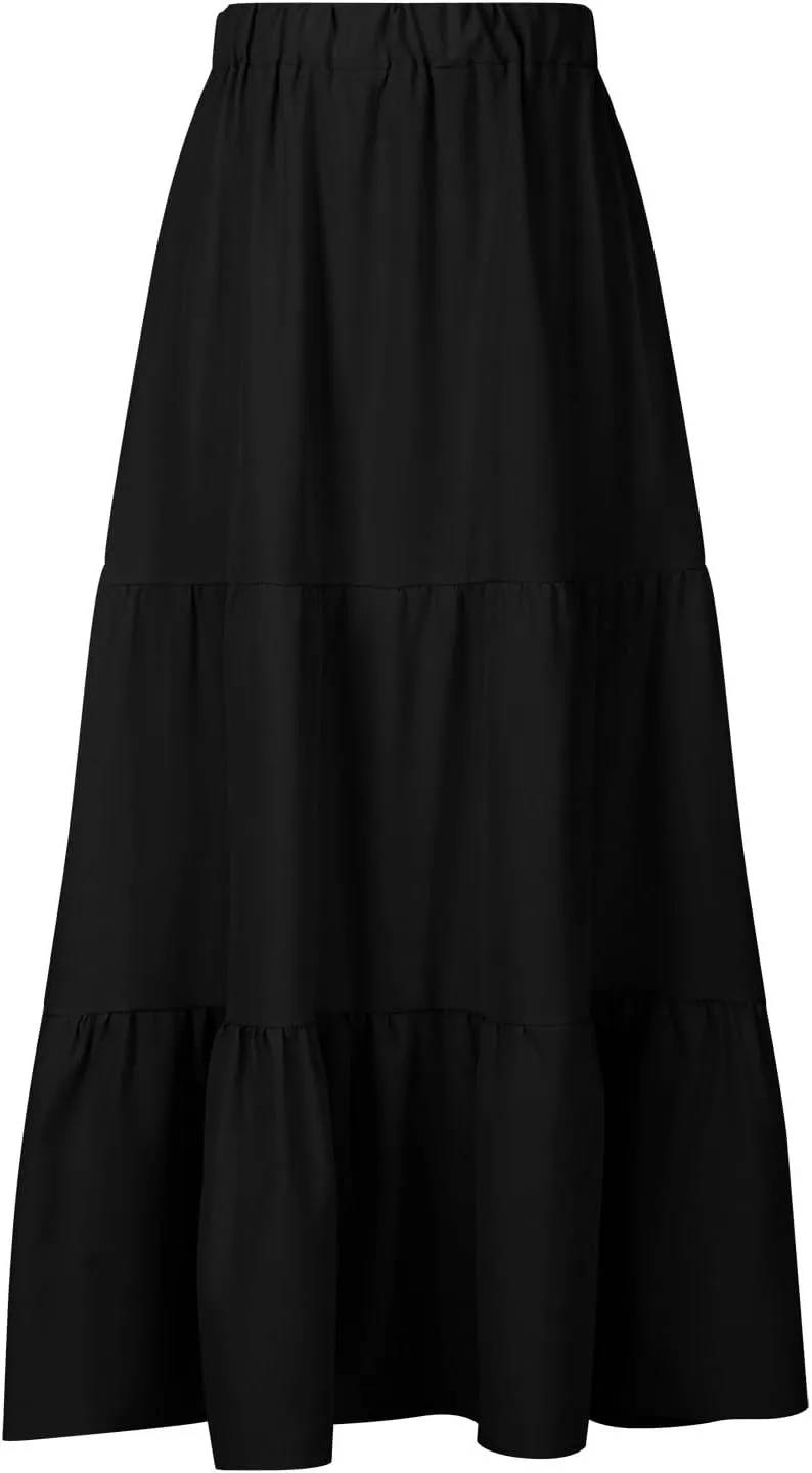 Tiered Maxi Skirt for Women High Waist Flowy Long Skirts with Pockets Casual Boho Summer Style