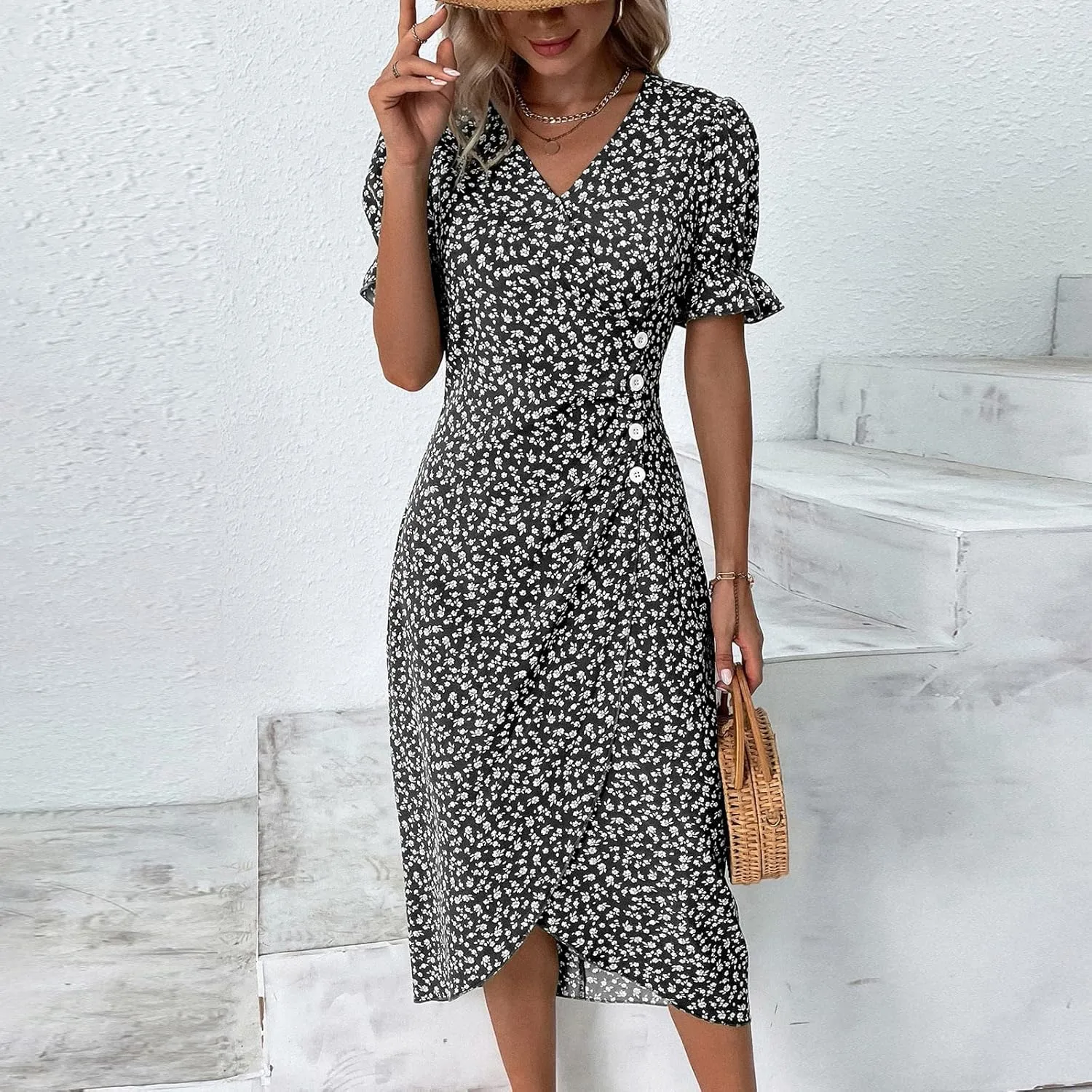 TWGONE Beach Dresses for Women 2025 Spring Trendy Floral Boho Midi Dress Casual V Neck Short Sleeve Irregular Hem Dress