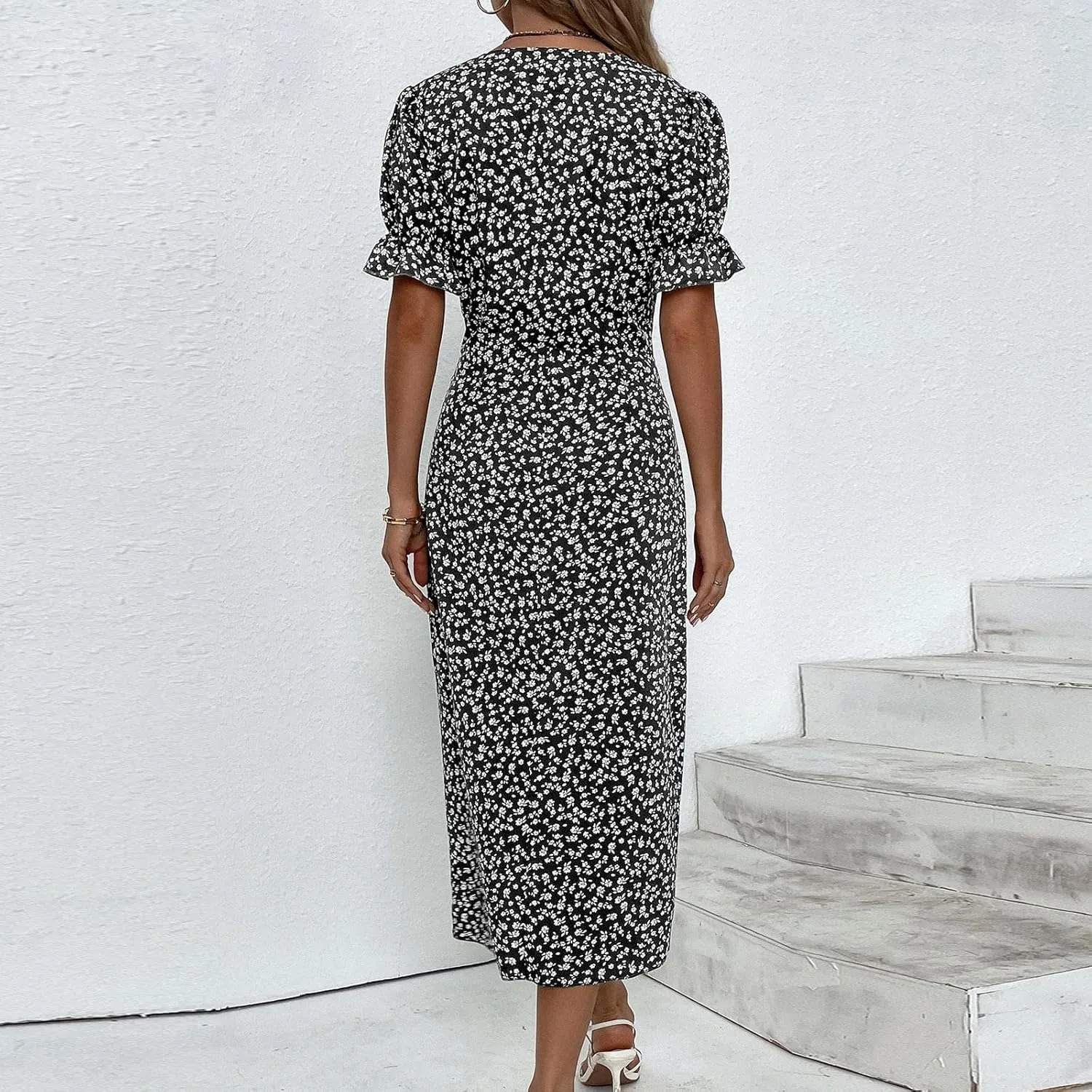 TWGONE Beach Dresses for Women 2025 Spring Trendy Floral Boho Midi Dress Casual V Neck Short Sleeve Irregular Hem Dress
