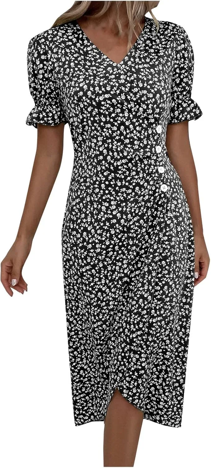 TWGONE Beach Dresses for Women 2025 Spring Trendy Floral Boho Midi Dress Casual V Neck Short Sleeve Irregular Hem Dress