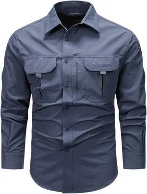 Uillui Men's Ripstop Military Work Fishing Shirts Button Down Long Sleeve Tactical Shirts Breathable Outdoor Hiking T-Shirts