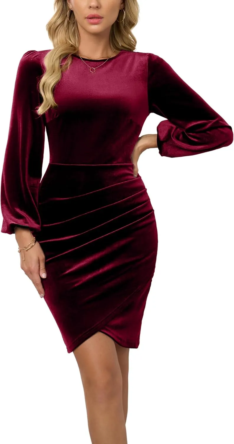 Velvet Dress for Women Wrap V Neck Long Sleeve Ruched Midi Dresses for Cocktail Evening Party