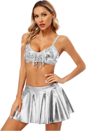 Vxuxlje Women's Metallic Rave Outfits Sleeveless Crop Top High Waist Pleated Mini Skirt Clubwear
