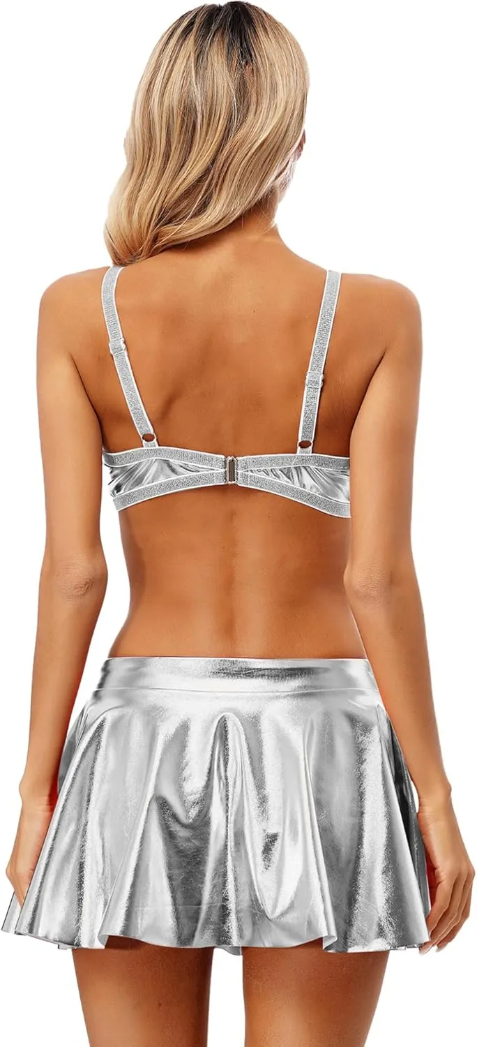 Vxuxlje Women's Metallic Rave Outfits Sleeveless Crop Top High Waist Pleated Mini Skirt Clubwear