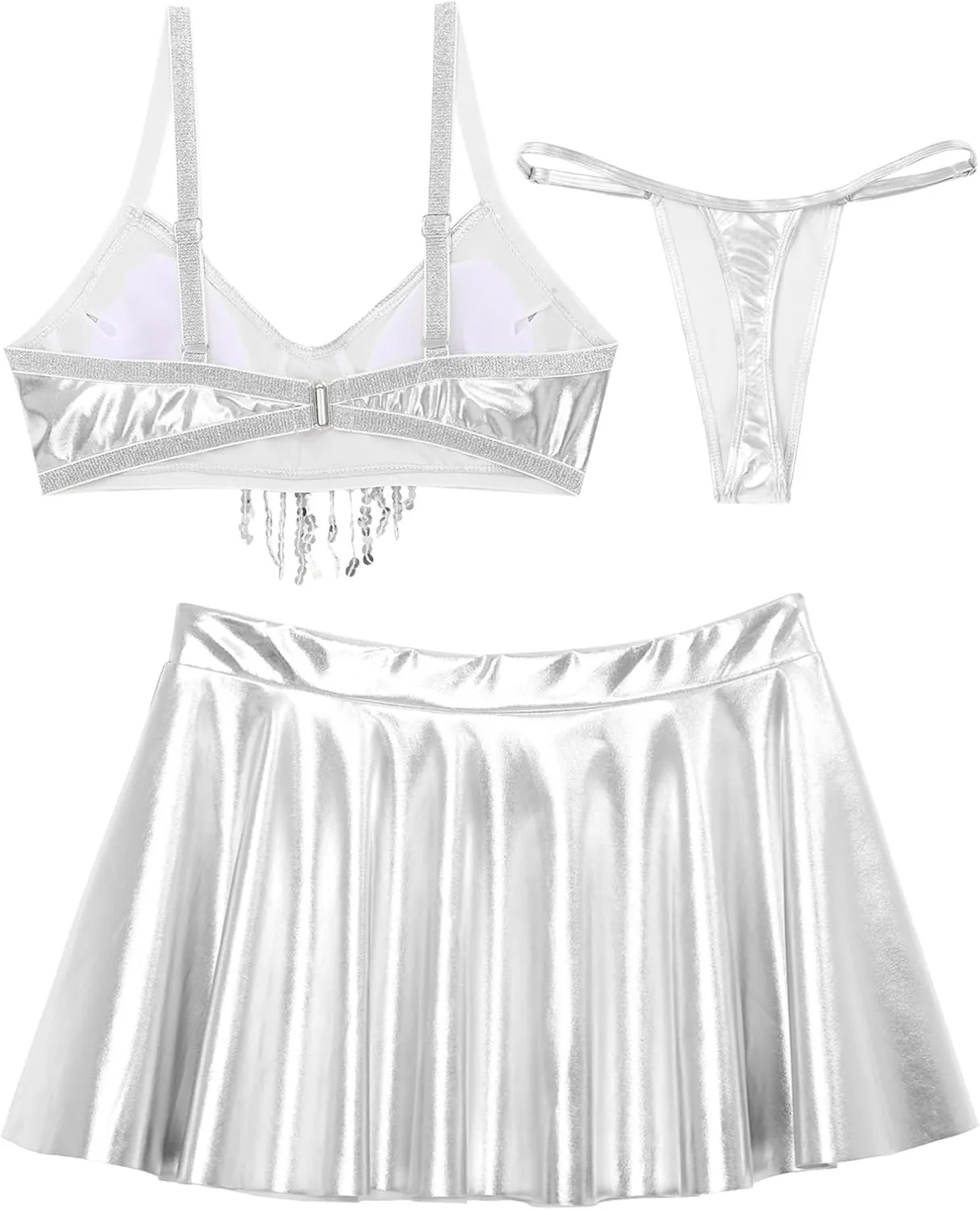 Vxuxlje Women's Metallic Rave Outfits Sleeveless Crop Top High Waist Pleated Mini Skirt Clubwear