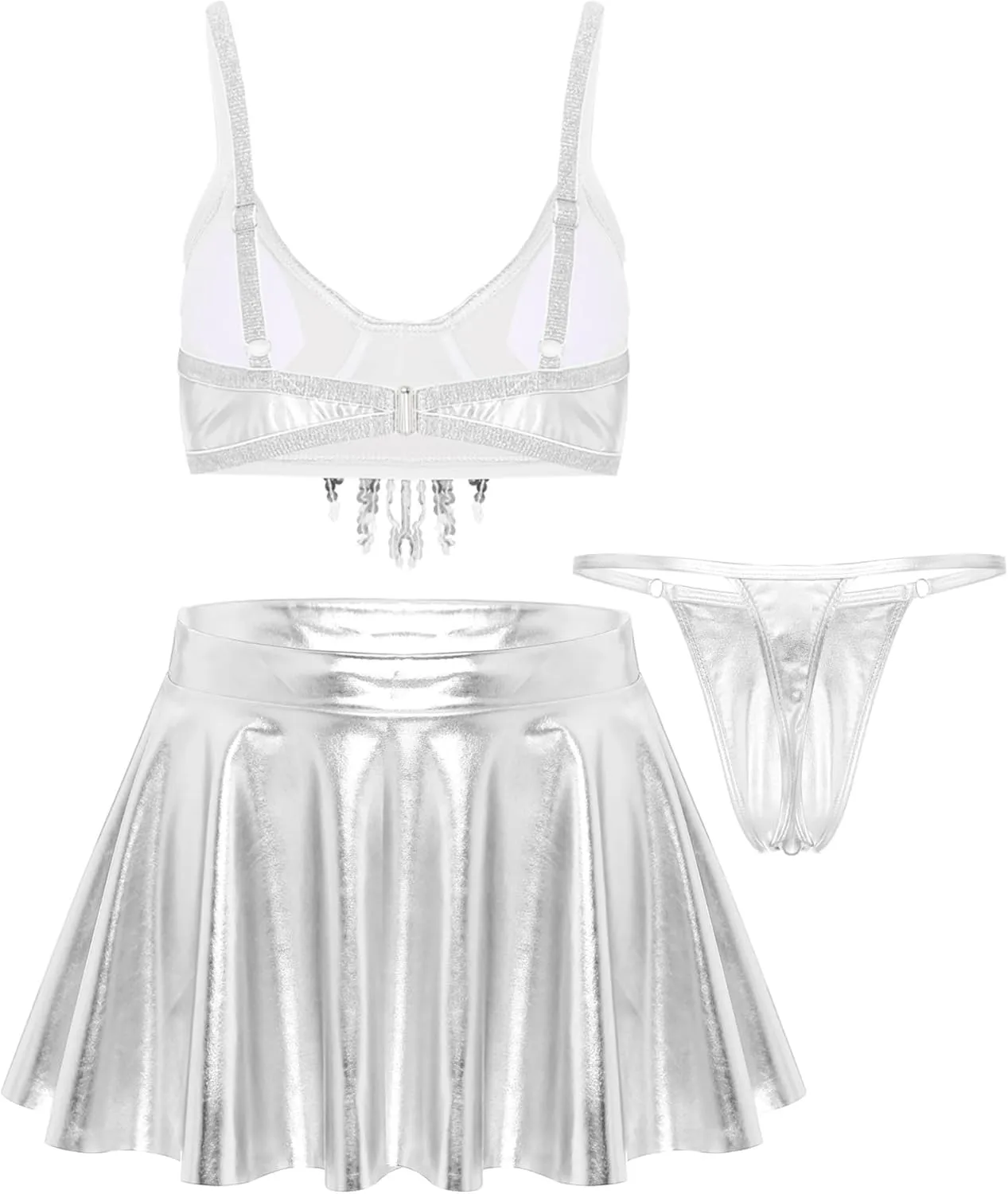 Vxuxlje Women's Metallic Rave Outfits Sleeveless Crop Top High Waist Pleated Mini Skirt Clubwear