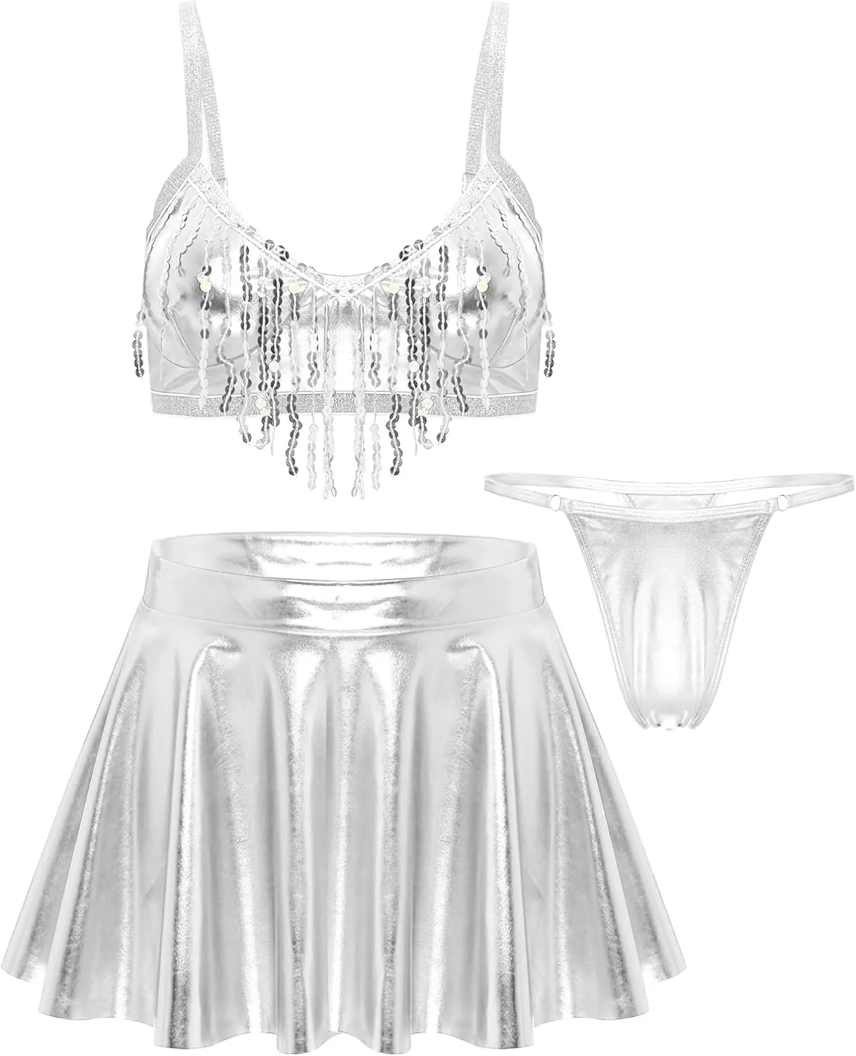 Vxuxlje Women's Metallic Rave Outfits Sleeveless Crop Top High Waist Pleated Mini Skirt Clubwear