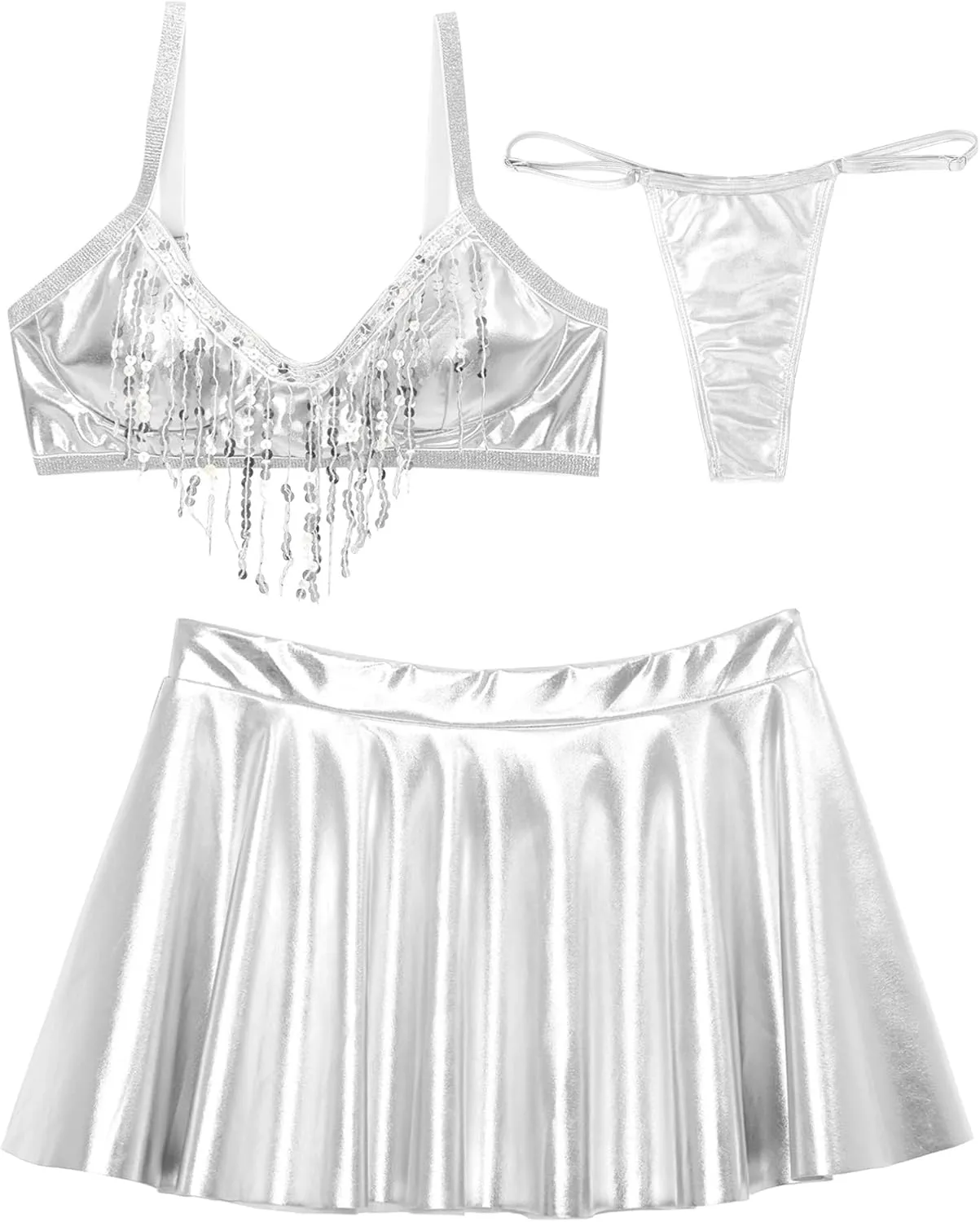 Vxuxlje Women's Metallic Rave Outfits Sleeveless Crop Top High Waist Pleated Mini Skirt Clubwear