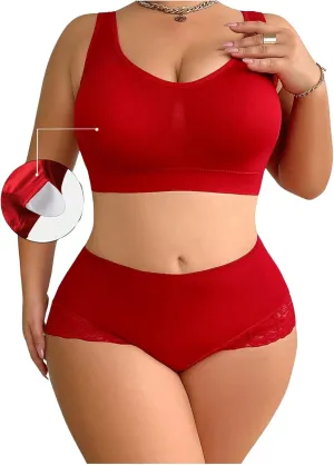 WDIRARA Women's Plus Size 2 Piece Seamless Lingerie Set Scoop Neck Bras and Mid Rise Lace Trim Briefs