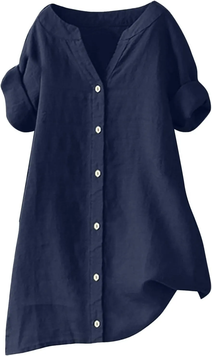 Women Button Up Shirt V Neck Short Sleeve Linen Summer Casual Work Blouse Top Loose Fit Tee Shirt